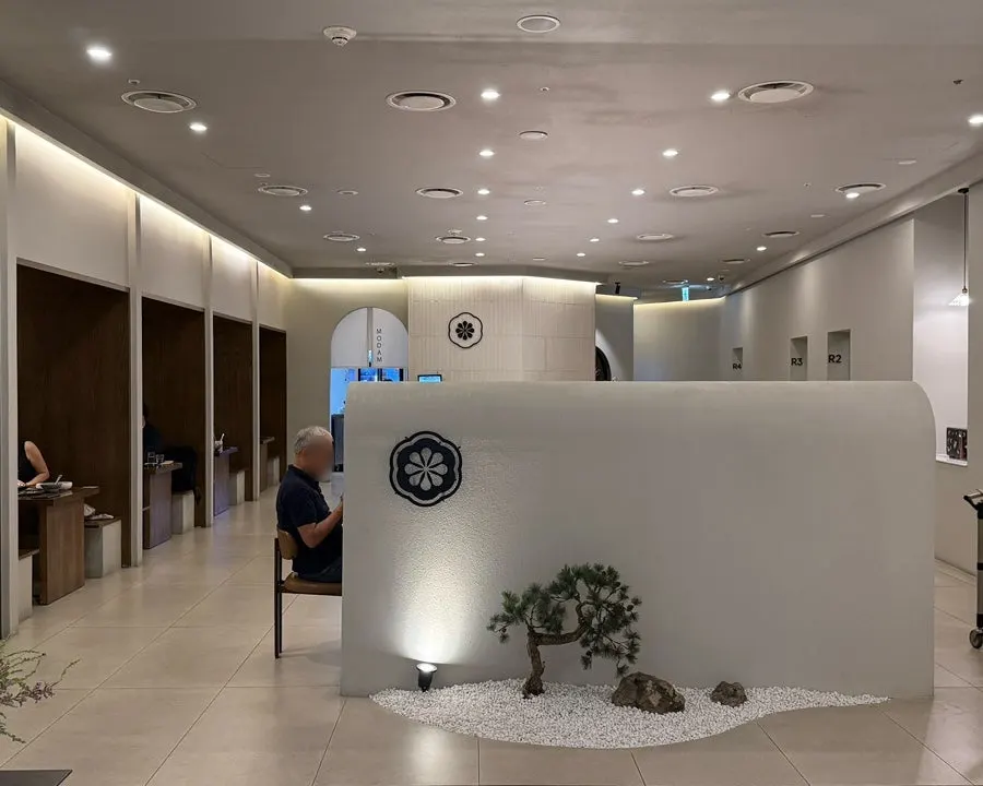 Tree and white pebble decoration inside the entrance