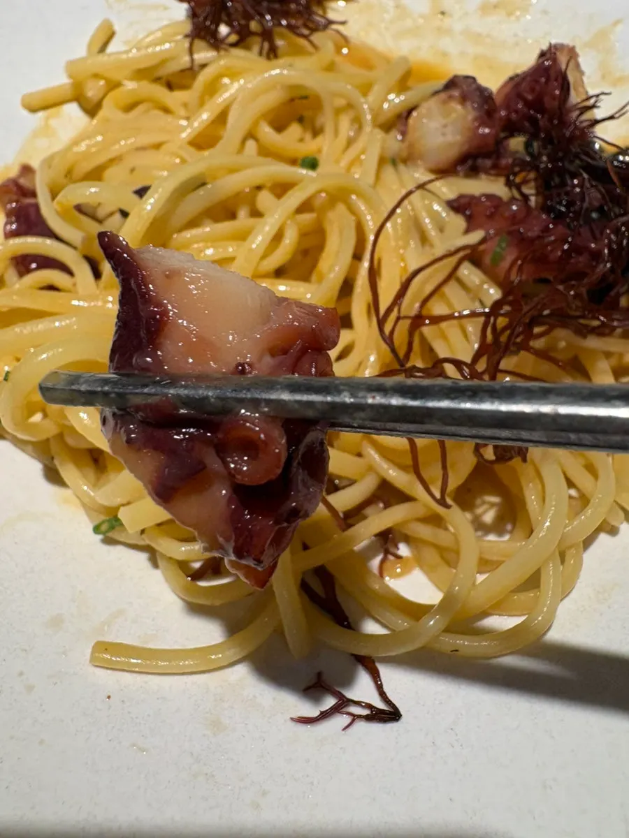 Close-up of the thick octopus leg on the pasta