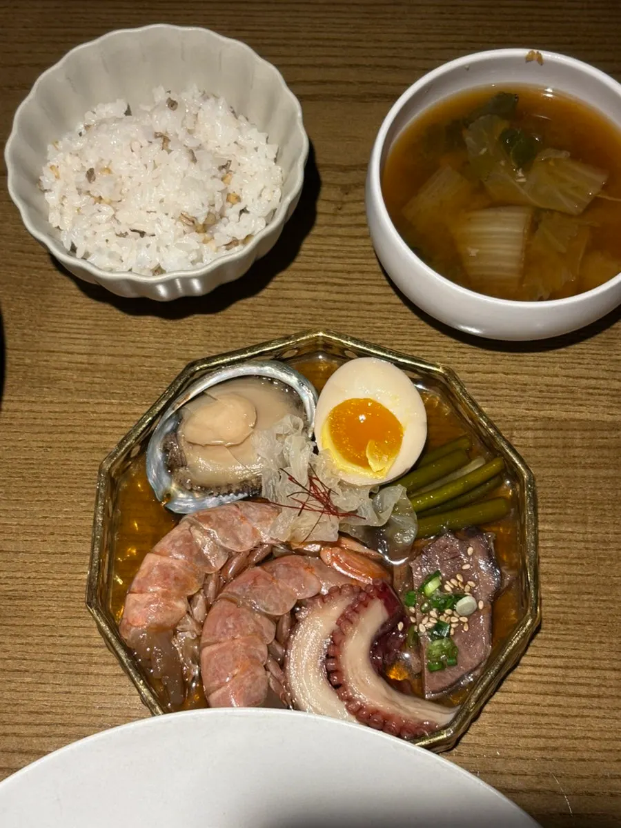 Seafood jang with shrimp, abalone, and soft-boiled egg