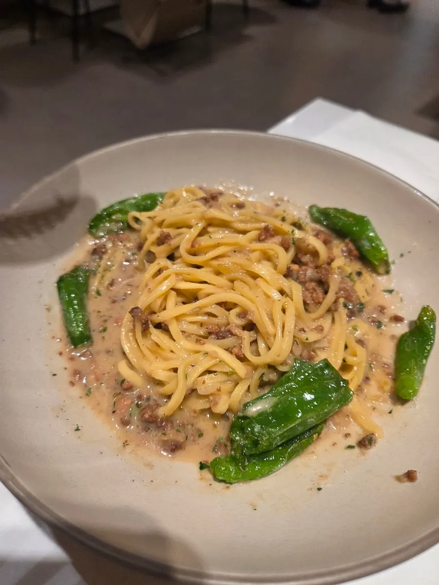 Close-up of galbi ragu pasta made with alla chitarra fresh pasta