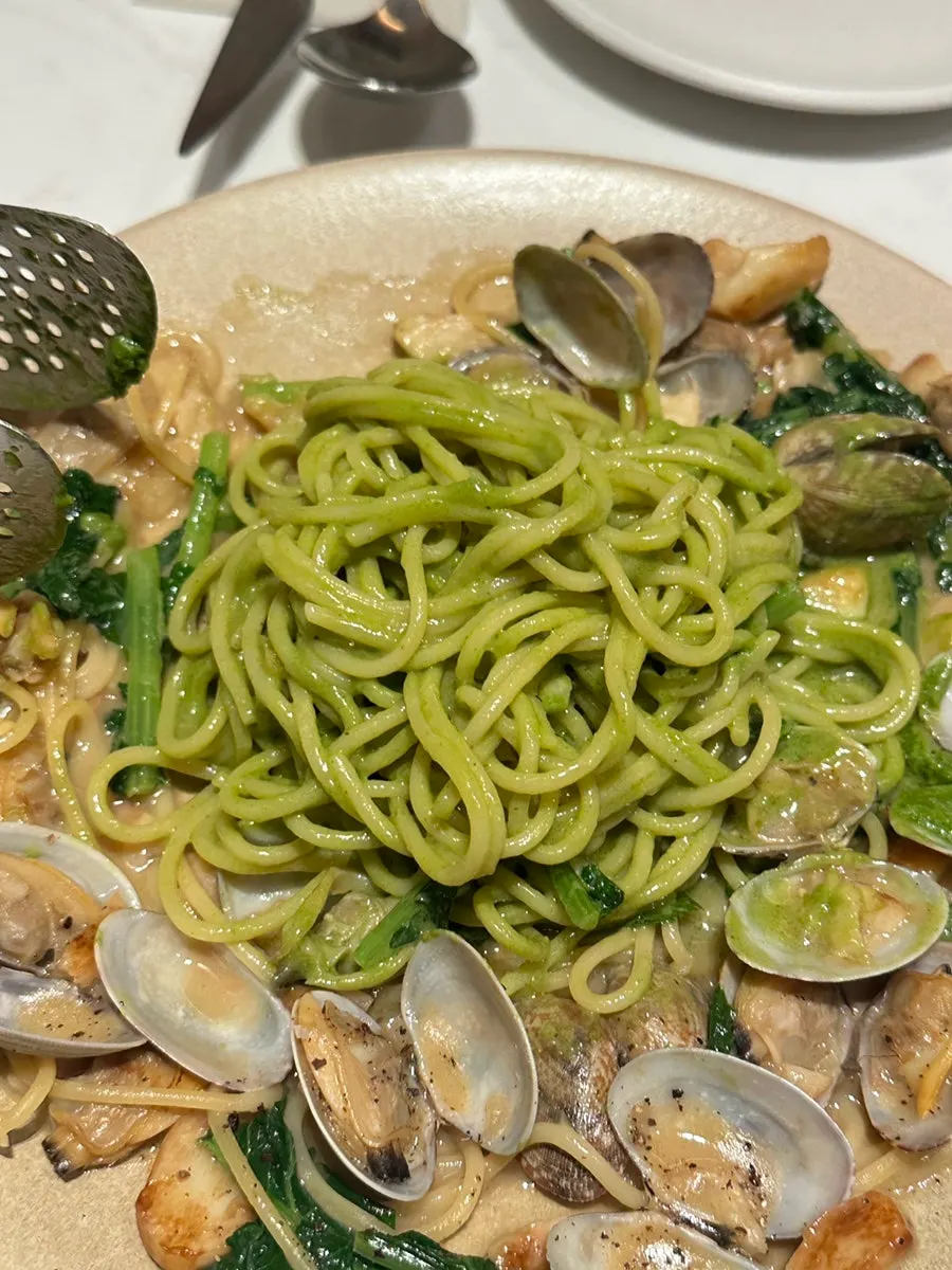 Spaghettini noodles mixed with chamnamul pesto