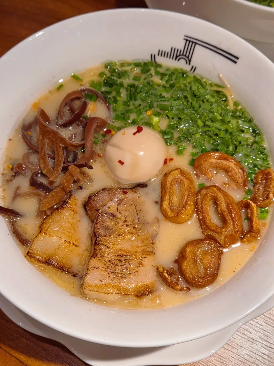 Motsu Ramen topped with fried beef intestines