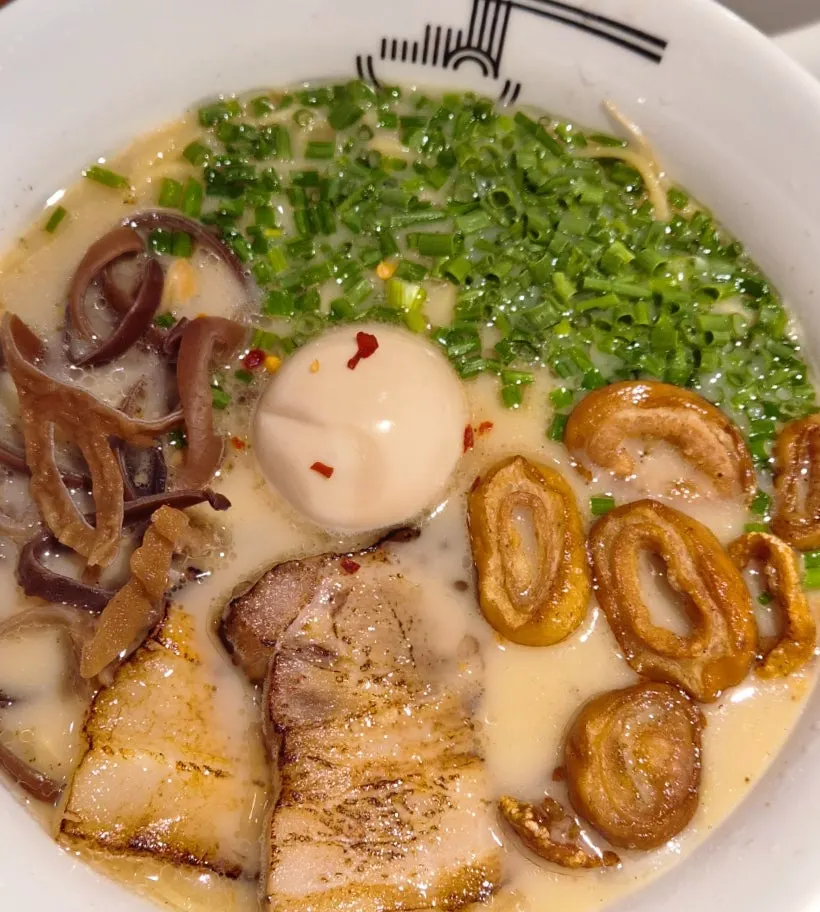 Close-up of the fried intestine topping on Motsu Ramen