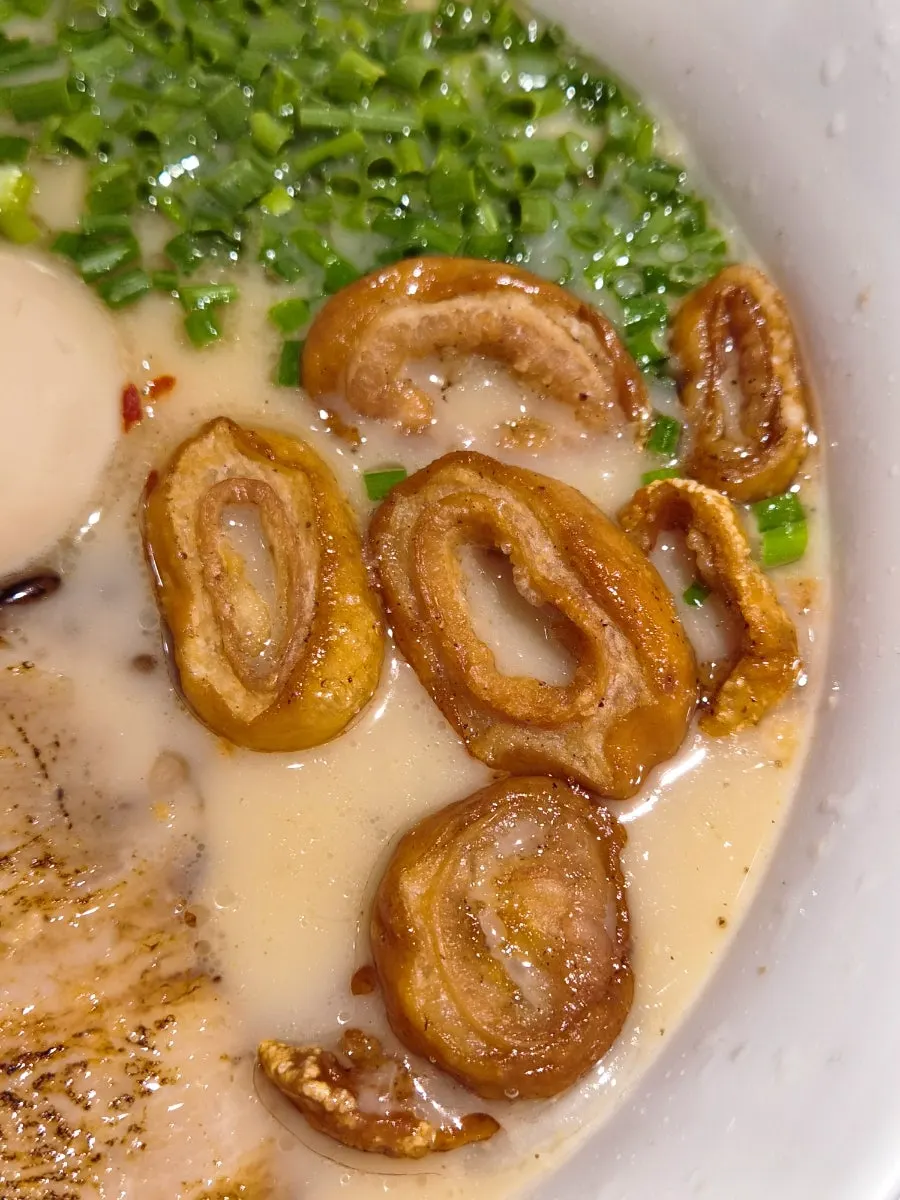 A piece of fried intestine from Motsu Ramen