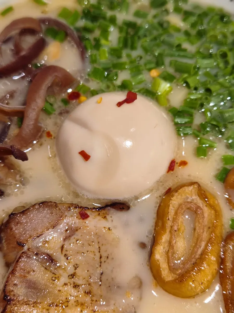 Motsu Ramen broth and toppings