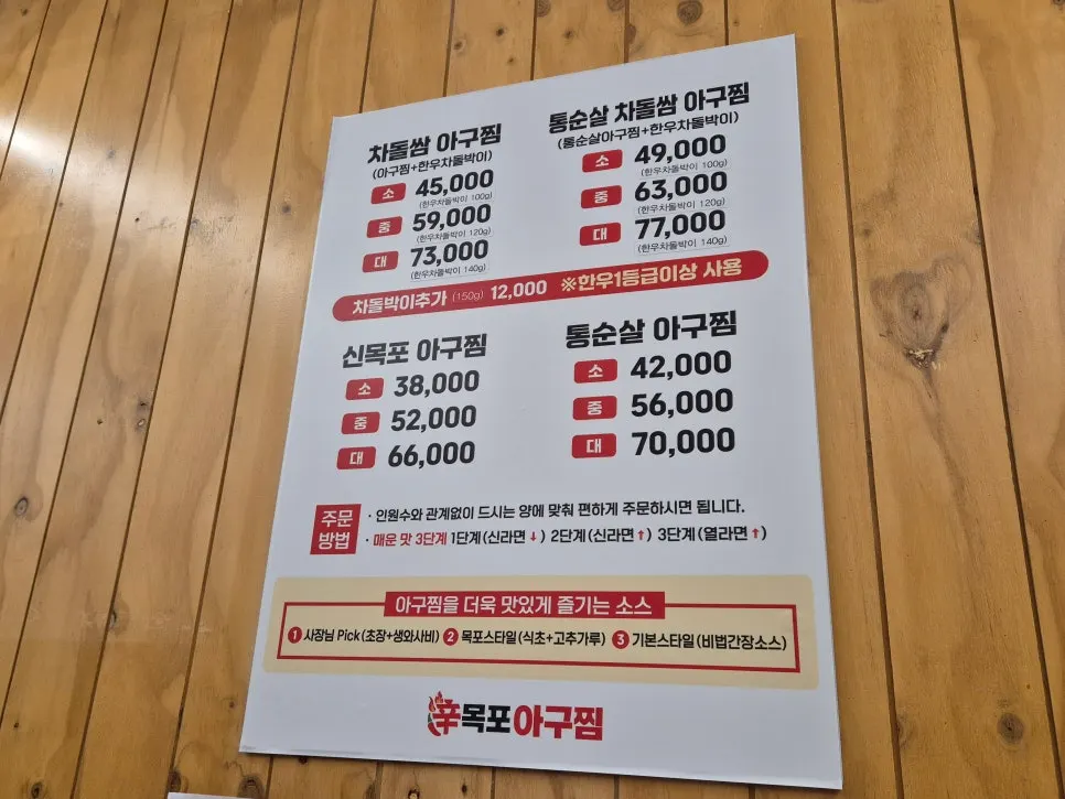 Sin Mokpo Agujjim's menu board