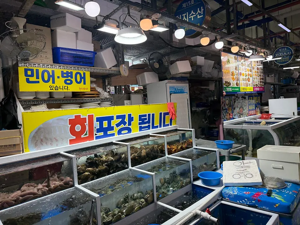 천지수산 매장 앞 활어 수조가 늘어선 통로