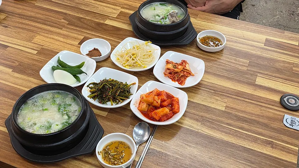 A spread of basic side dishes including bean sprouts and kimchi