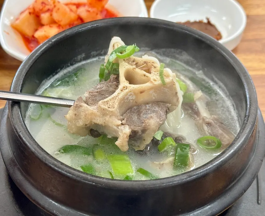 Tail soup broth with noodles, scallions, and pepper