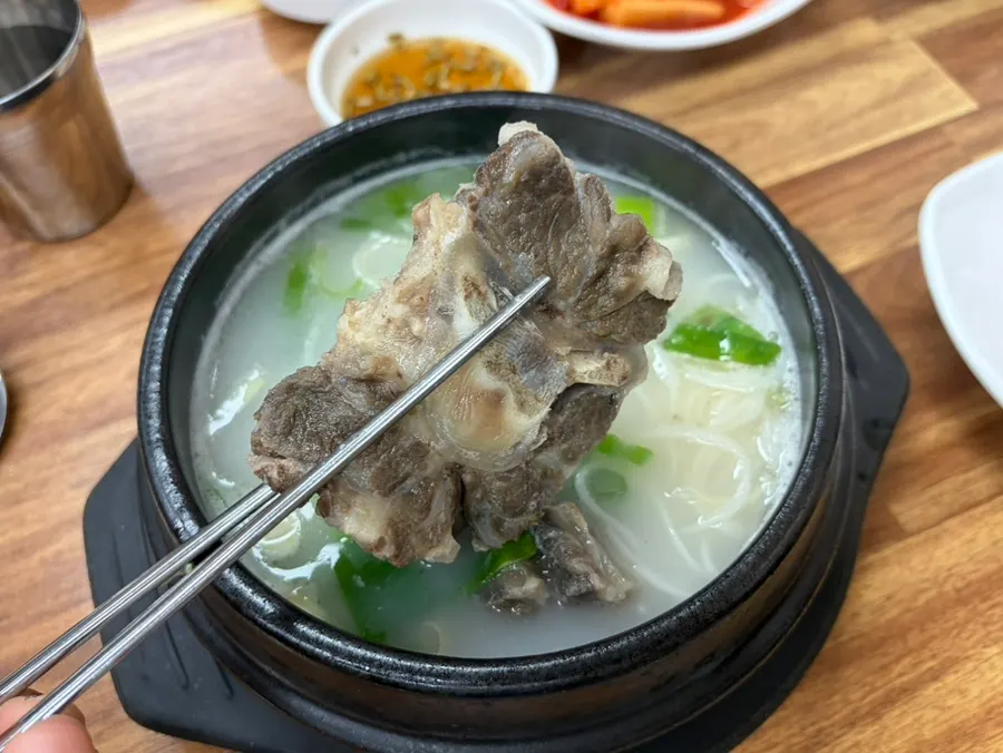 Close-up of milky-broth Hanwoo beef tail soup