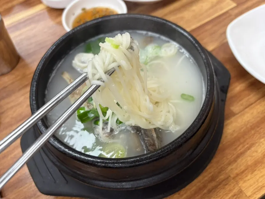 Thin wheat noodles inside the beef tail soup