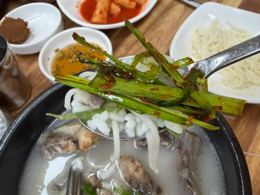 A bite of beef tail soup topped with pickled chives