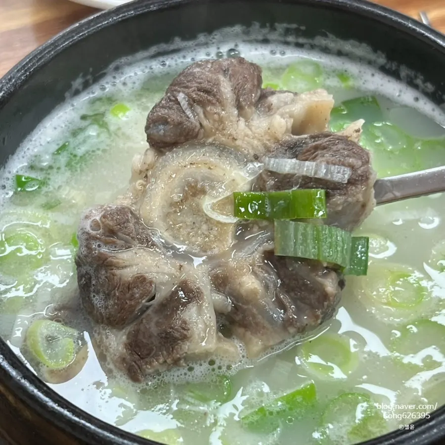 Big chunks of hanwoo oxtail floating in milky broth