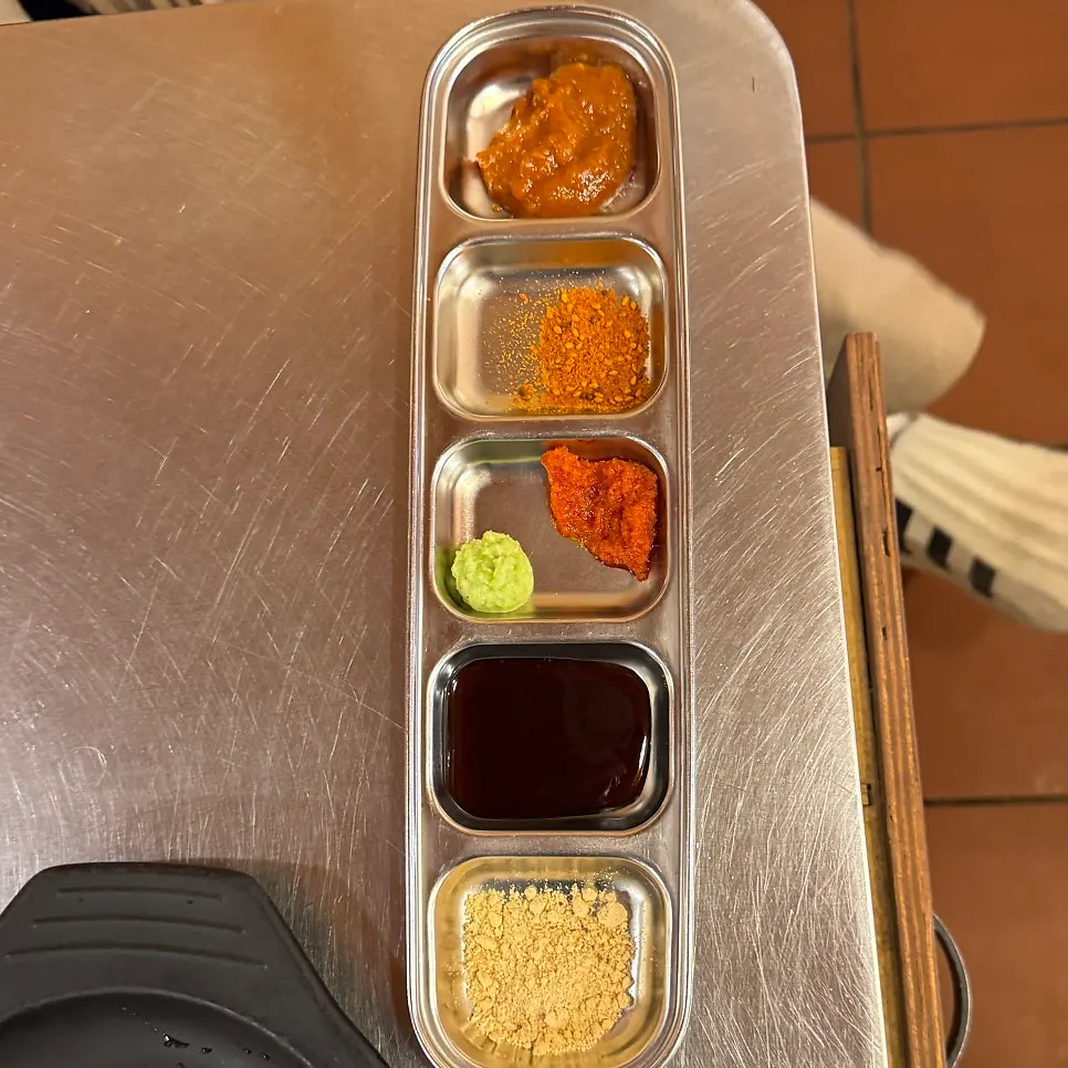 Cumin salt, soybean powder, and wasabi sauces