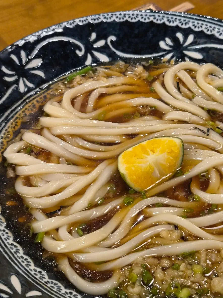 Lifting up a strand of bukkake noodles
