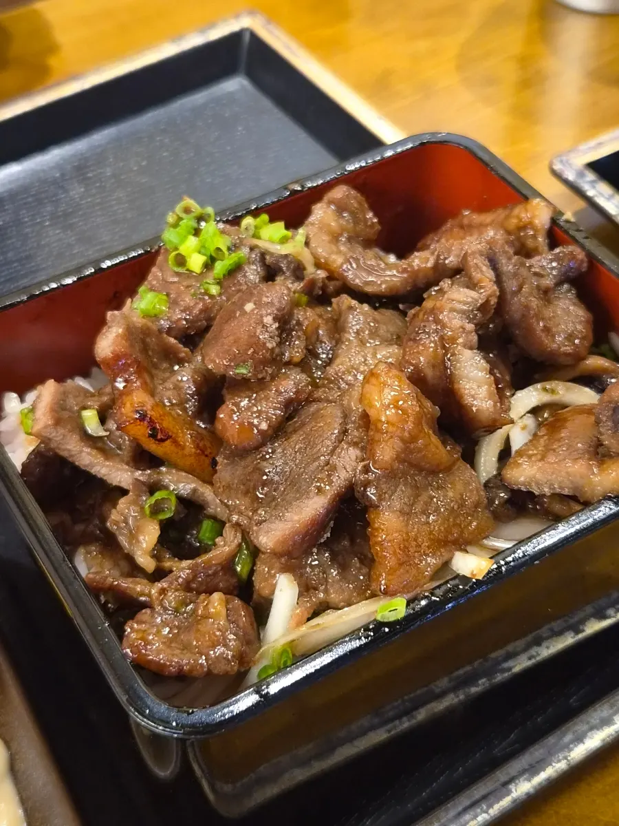 Close-up of the grilled pork rib rice bowl