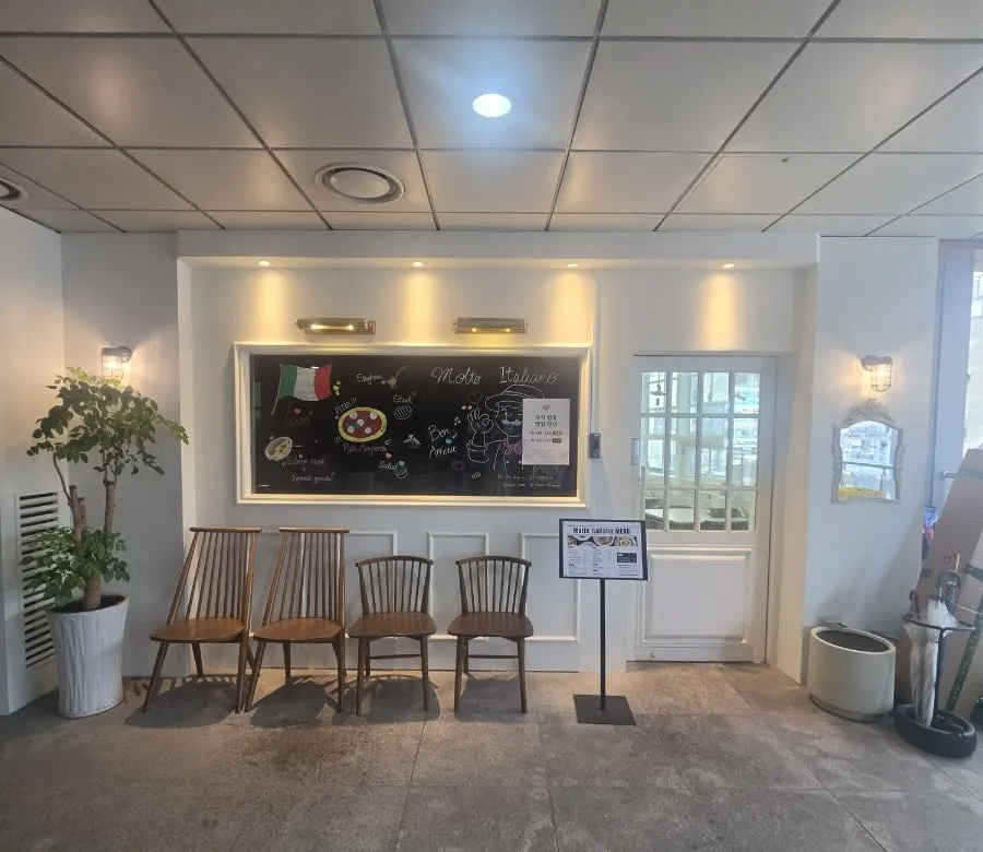 White-toned exterior with chalk drawings outside the store