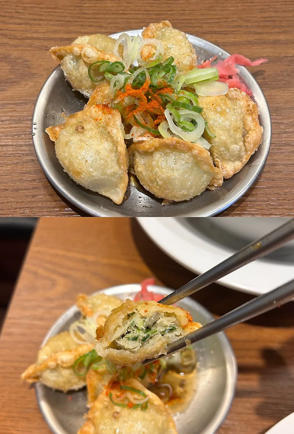 Six pieces of fried gyoza topped with pickled ginger and scallion