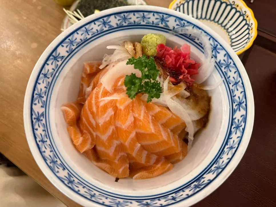 The gyukatsu and donburi dishes we ordered, set out on the table