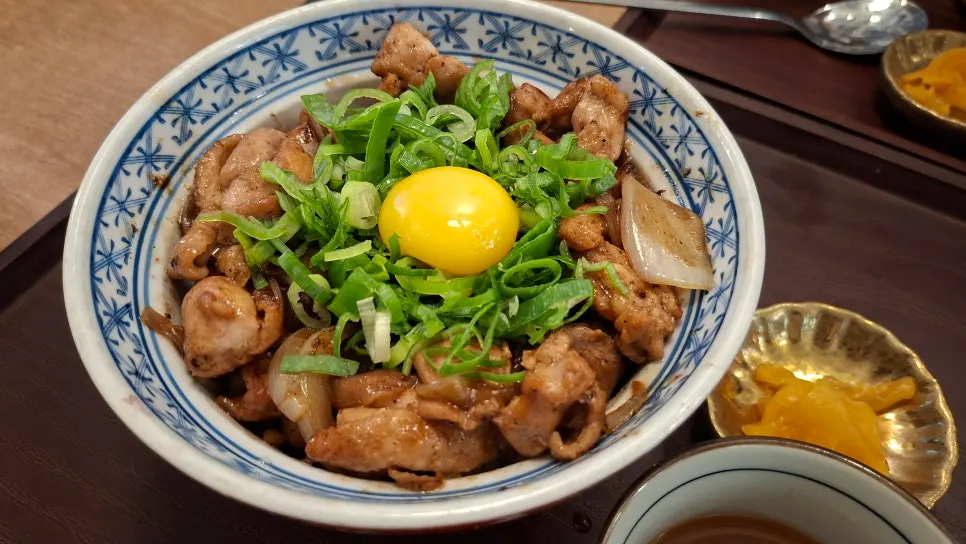 A bowl of Momo Lab's yakitori-don