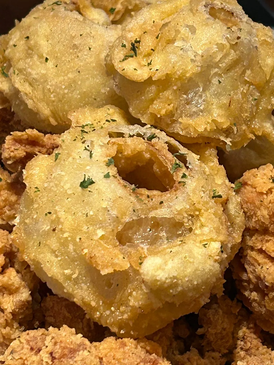 Whole chunky onions fried into onion rings