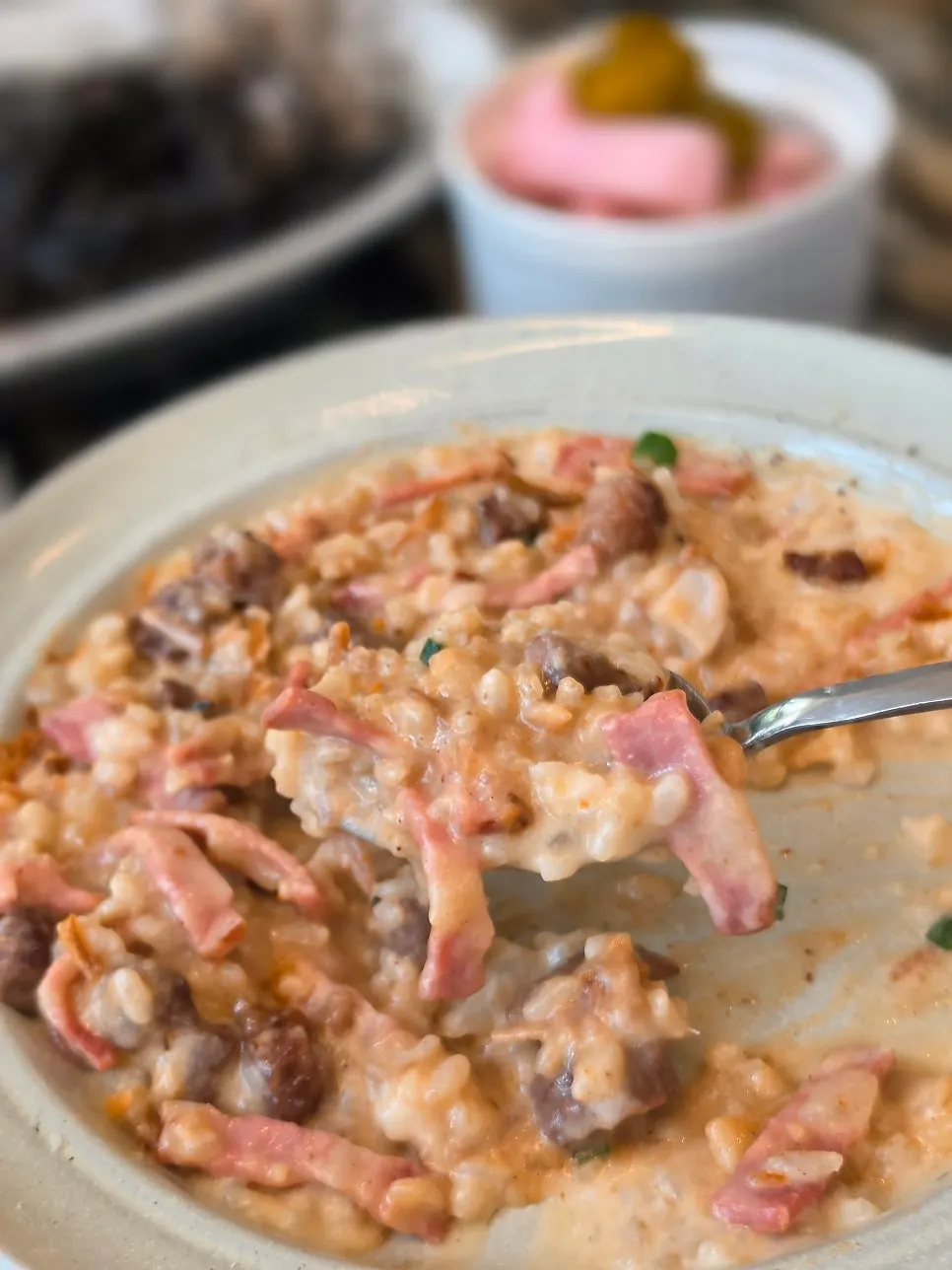 Steak galbi cream risotto topped with bacon and galbi