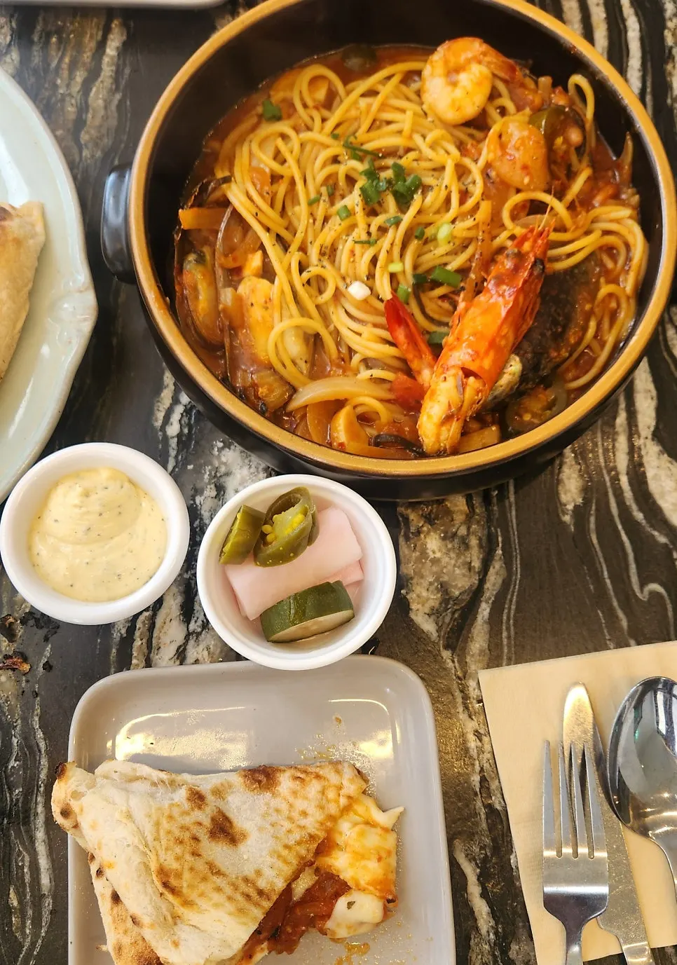 Close-up of the al dente noodles in the pescatore pasta
