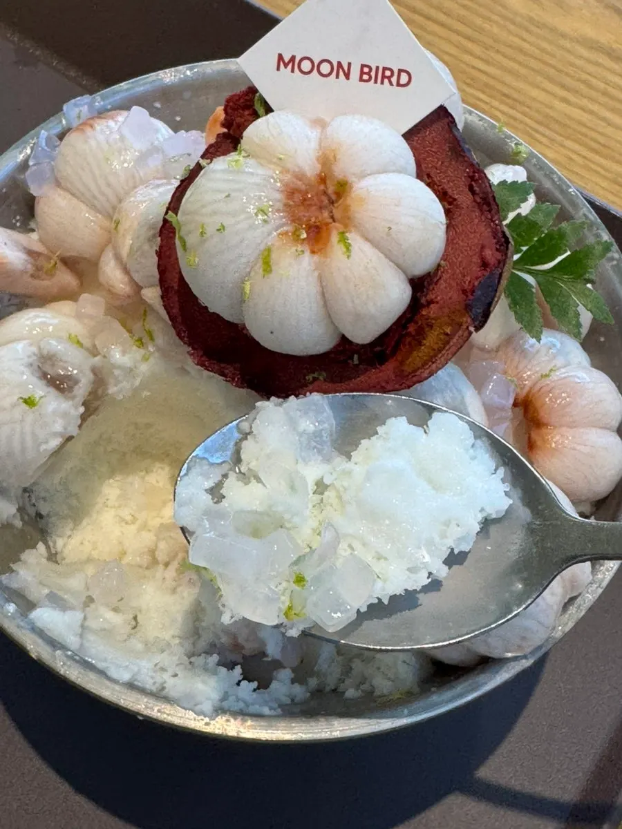 손질된 망고스틴이 올라간 빙수 클로즈업