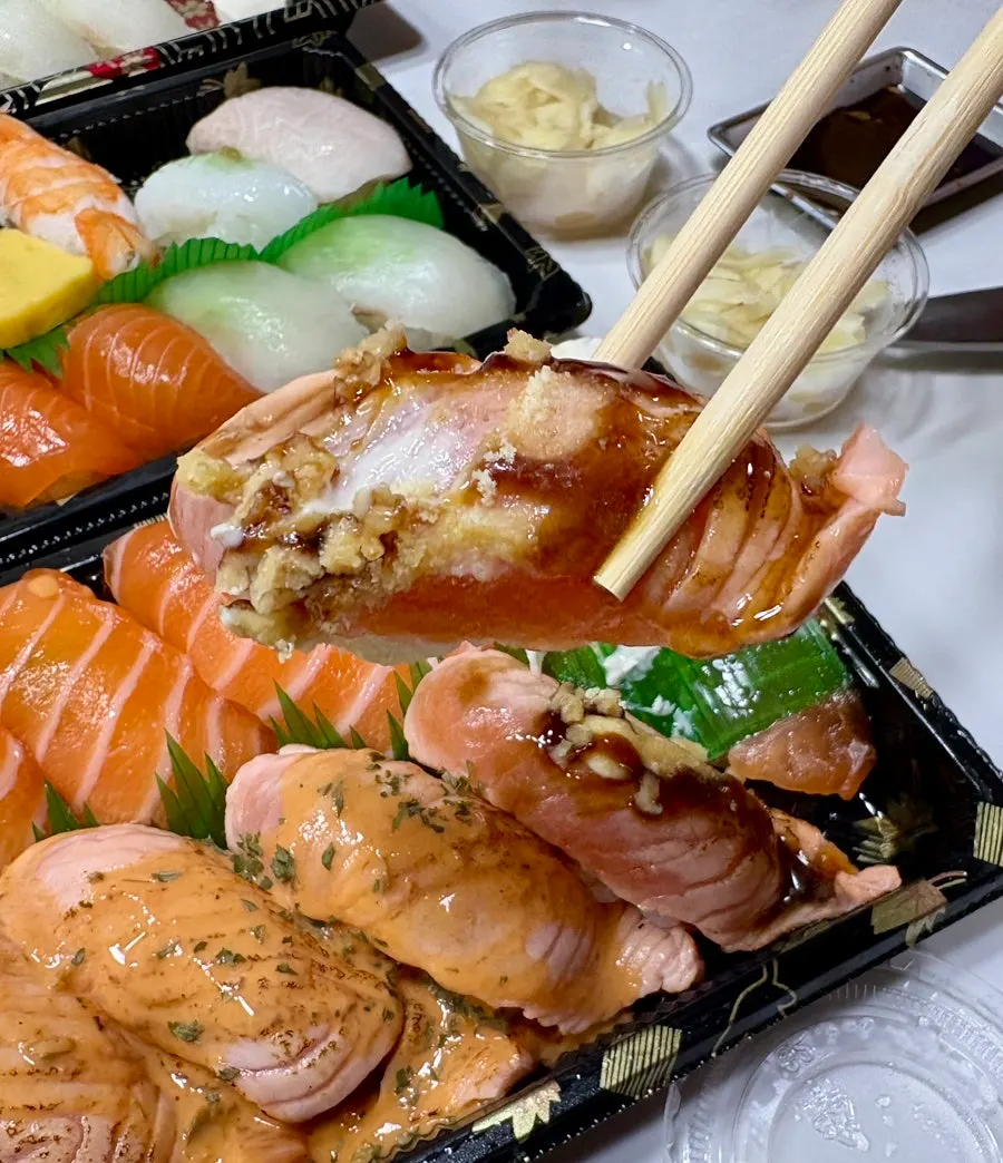 Close-up shot of glossy sushi