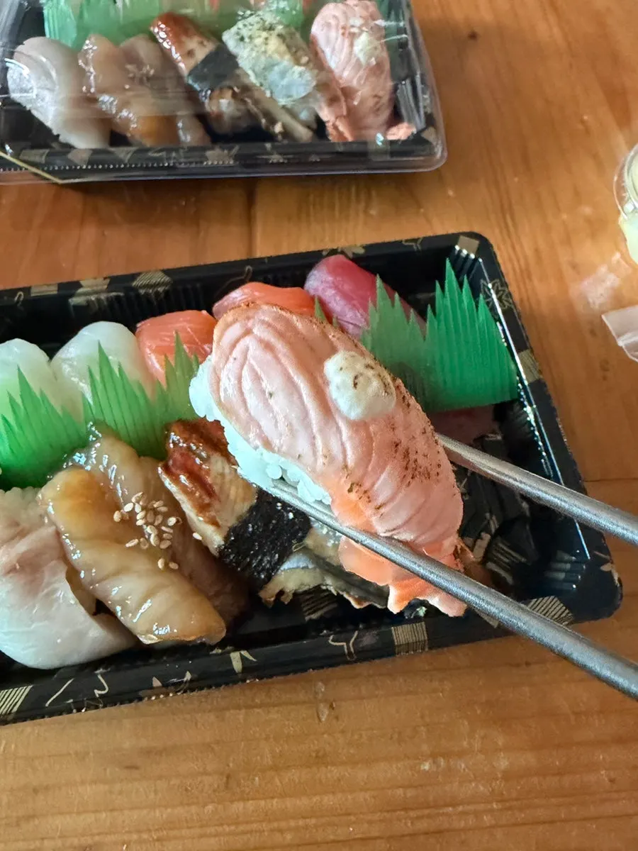 Springy shrimp sushi and salmon sushi
