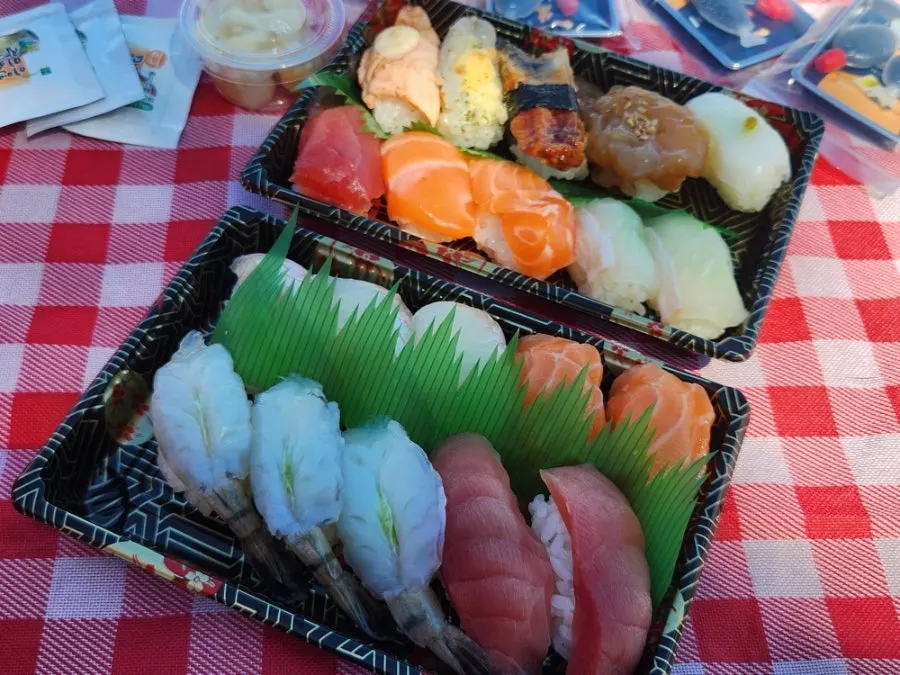 Broth, wasabi, soy sauce, pickled radish and pickled ginger packed together