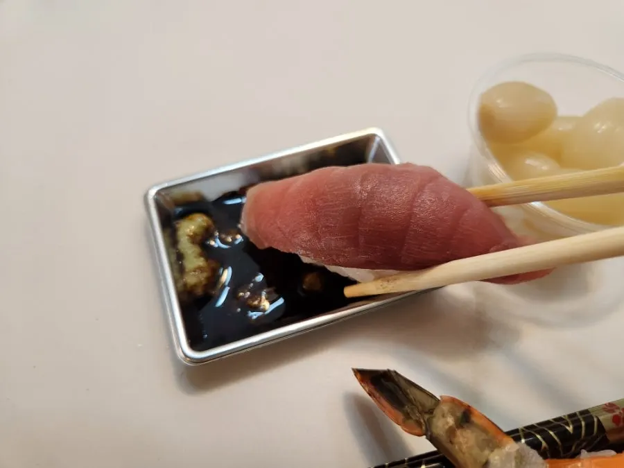 Close-up of tuna sushi and garlic shrimp sushi