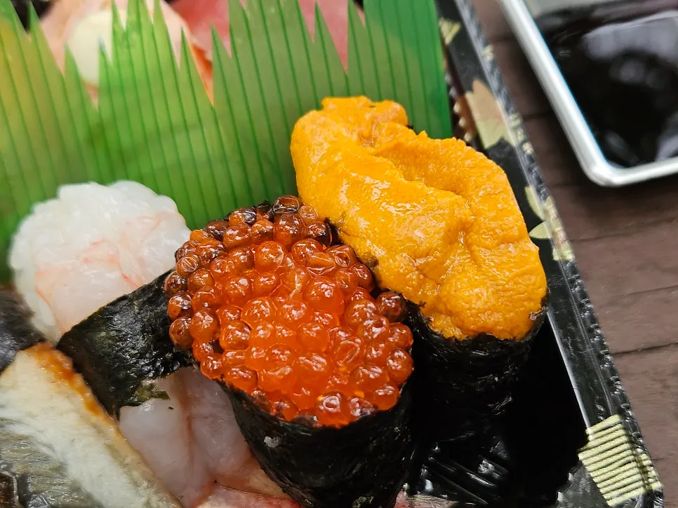 Close-up of sea urchin gunkan roll and eel sushi