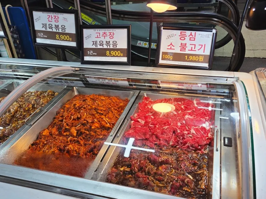 Display of small-portion seasoned meats including sirloin bulgogi