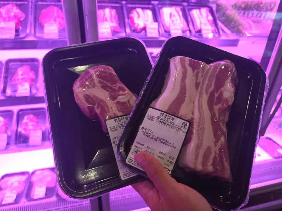 Domestic raw pork belly and pork neck picked out by the writer