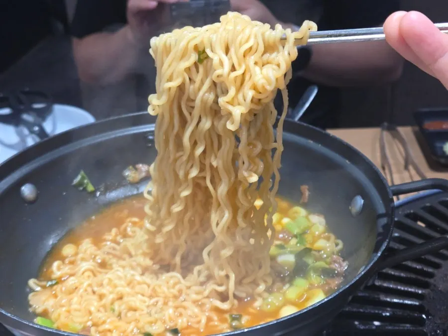 A finished bowl of hanwoo bone-broth ramyeon