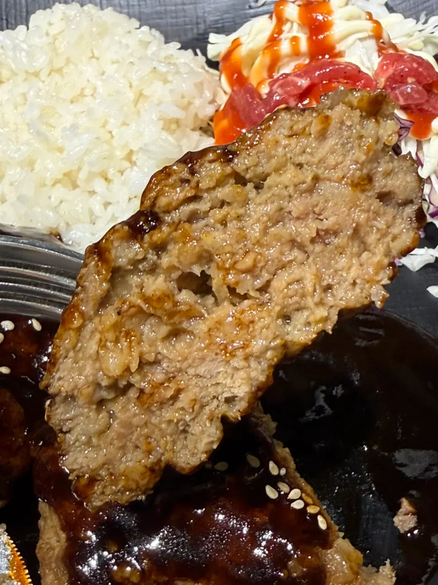 Two hamburg steak patties topped with plenty of sauce