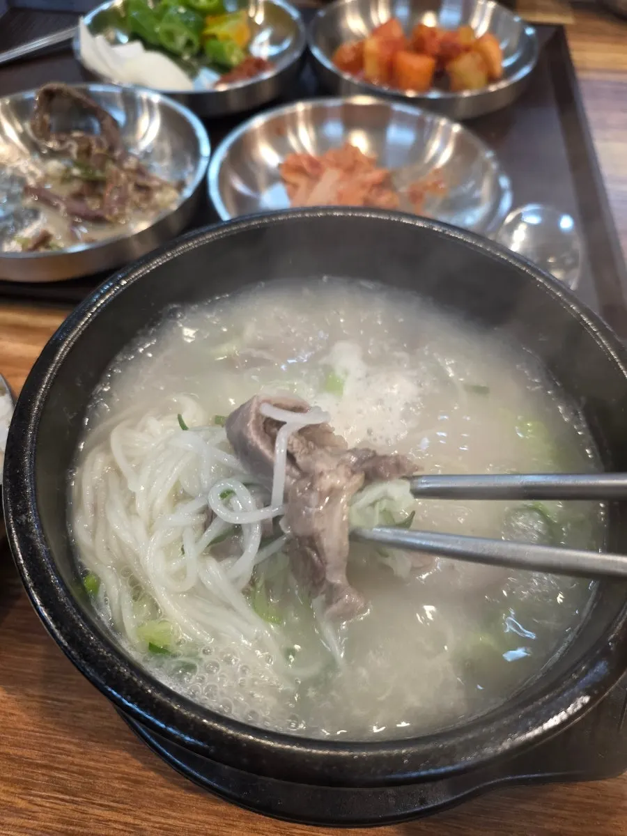 Noodles lifted out of the seolleongtang