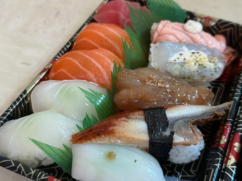Soy-marinated shrimp and eel sushi