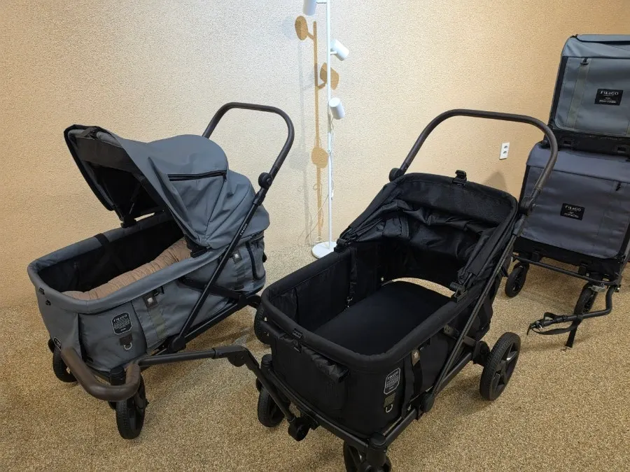 Dog stroller and pet supply corner inside the store