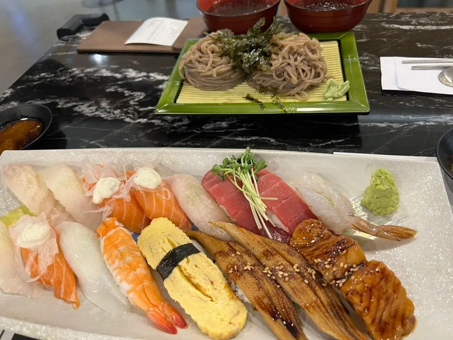 Assorted sushi topped with flounder and salmon