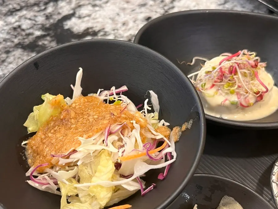 Two side salads: cabbage salad and soft tofu salad