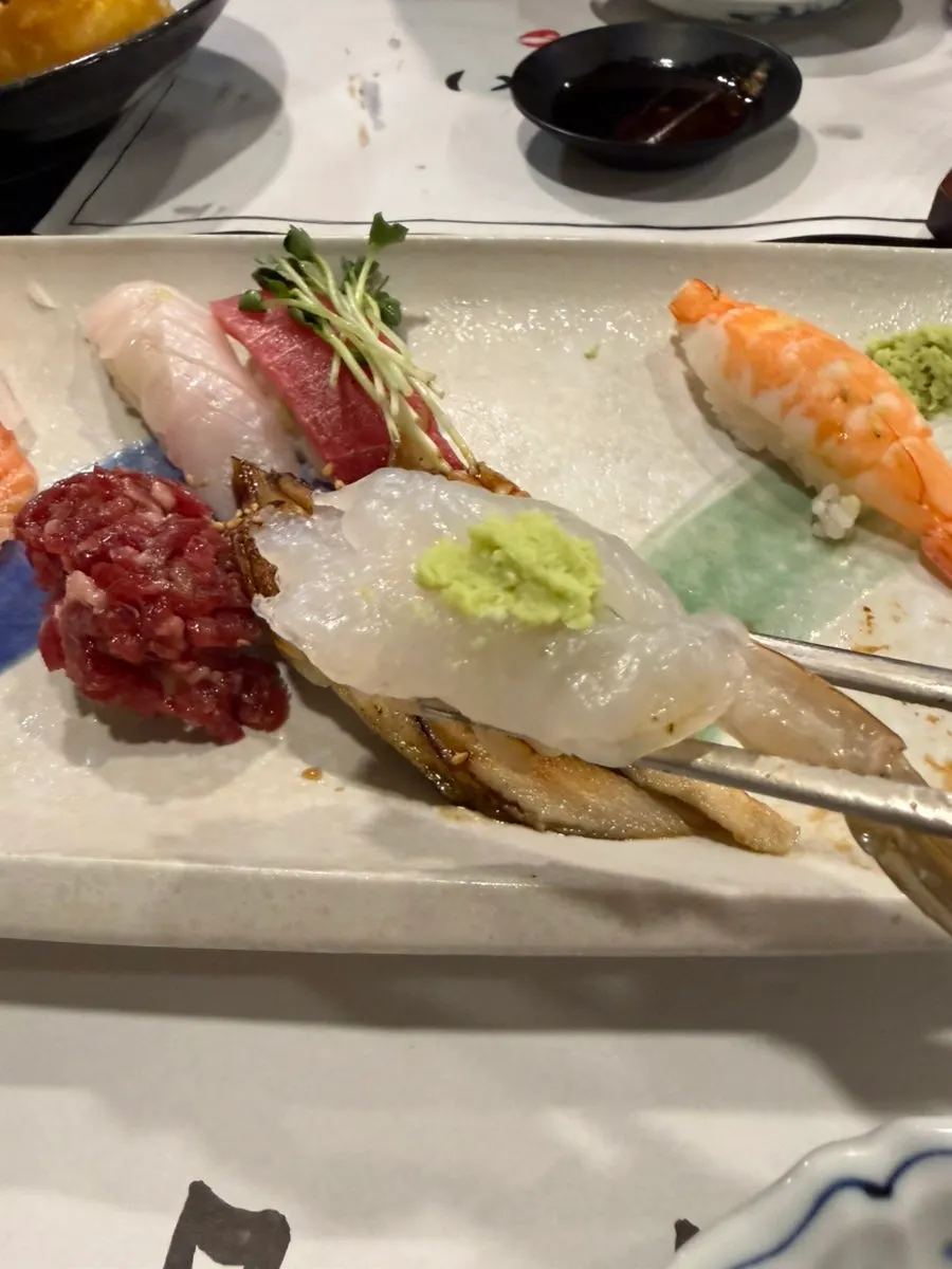 Close-up of eel and sashimi sushi