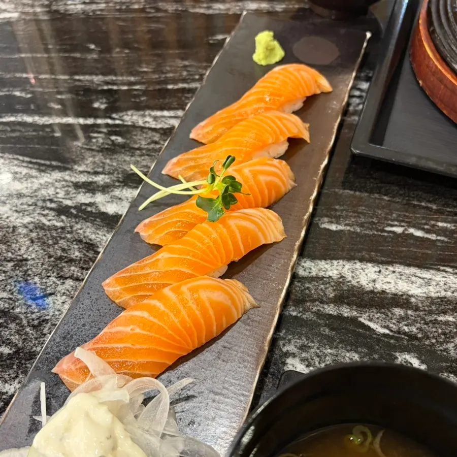 Plate of salmon sushi at Moshi Moshi Sushi