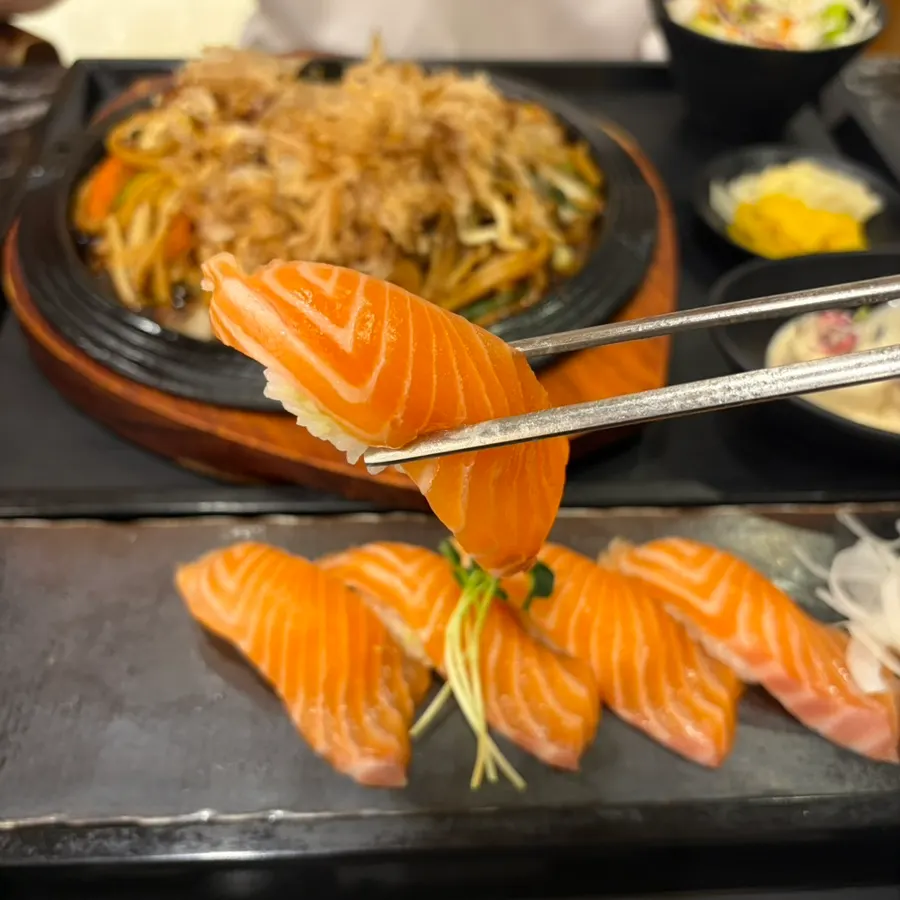 Close-up of a single piece of salmon sushi