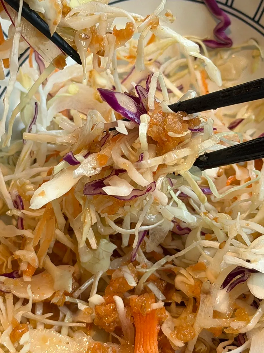 Vegetable salad, tofu salad, and miso soup side dishes