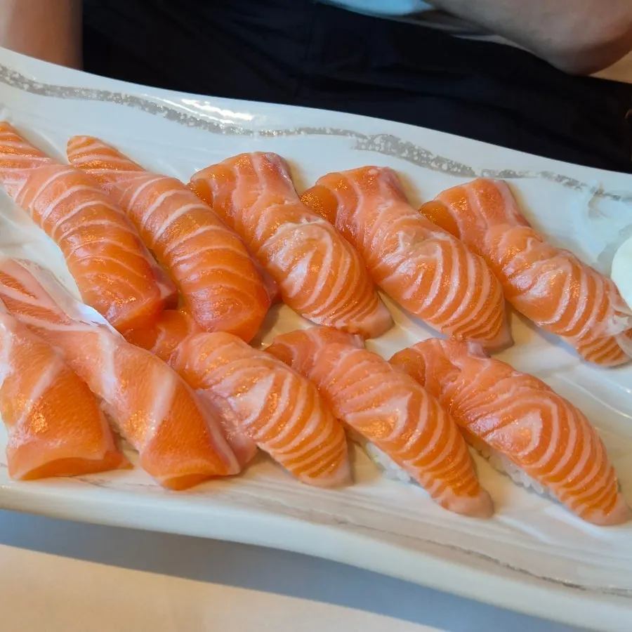 Close-up of salmon sushi, 10 pieces
