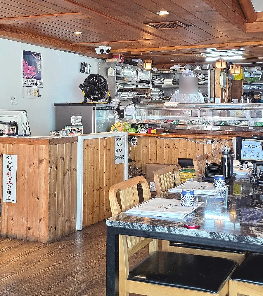 Kitchen view of chefs making sushi