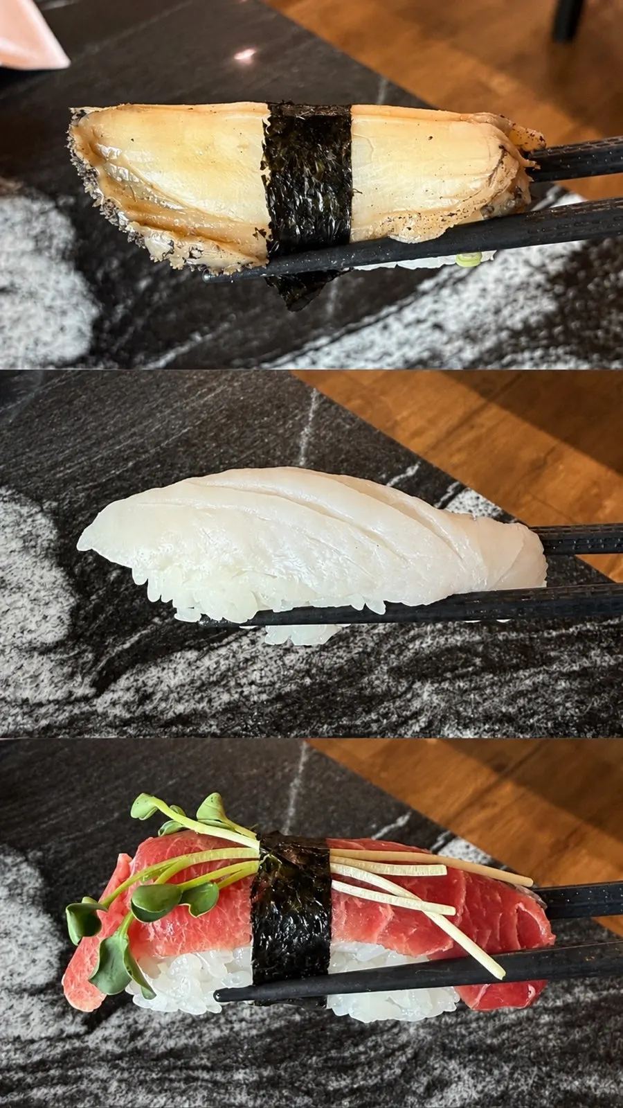두툼한 흰살생선과 참치, 연어 초밥
