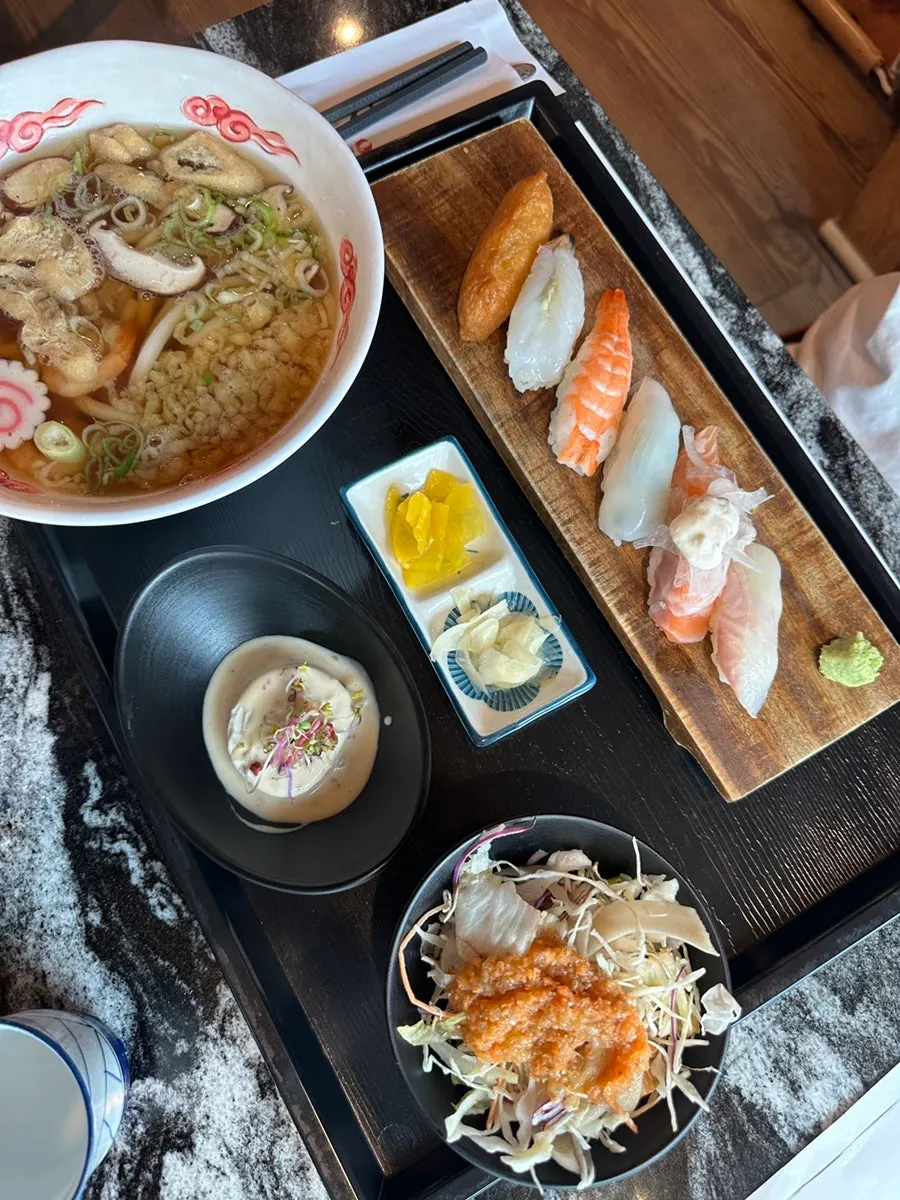 Vegetable salad, tofu salad, and clear soup